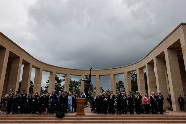 U.S. Secretary of Defense Pete Hegseth and official guests attend a ceremony at the American Cemetery commemorating the 82nd anniversary of the D-Day landings in Colleville-sur-Mer, Normandy.
