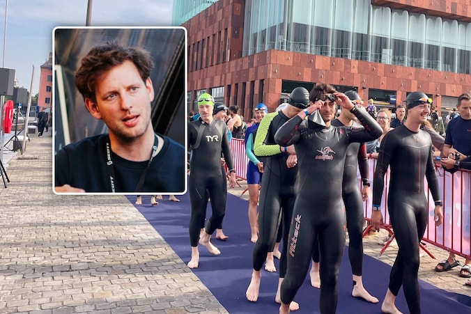 De deelnemers van de zwemproef van de Chillathlon bij de start. De zwemproef werd na het incident meteen geannuleerd. “De familie heeft ons intussen bedankt voor het kordate optreden”, zei organisator Wies Jaspers (inzet) op de bewuste dag.
