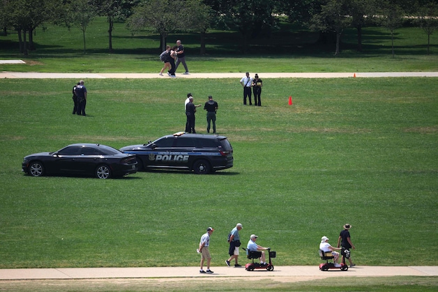 Police and emergency services responded to the scene Thursday after the numbers “8647” appeared in the grass of the National Mall 