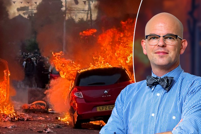 Links: brandende auto’s tijdens de rellen in Belfast. Rechts: Harry De Paepe, kenner van het Verenigd Koninkrijk.