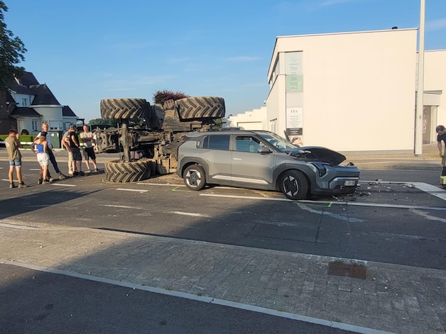 The tractor ended up on its side during the accident. 