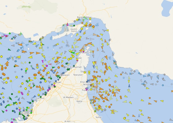 Op gespecialiseerde websites, zoals VesselFinder, is te zien hoe schepen door de Straat van Hormuz varen.