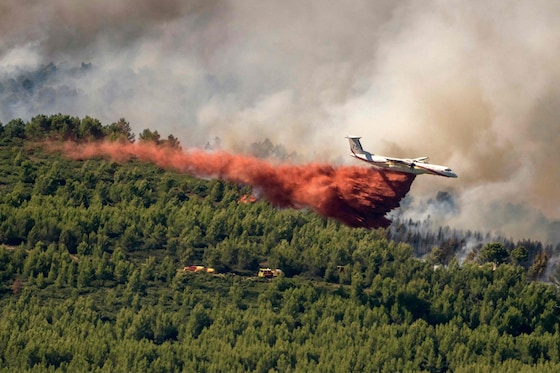 Les flammes d'un incendie de forêt détruisent la végétation près de Sainte-Valière, dans le département de l'Aude, dans le sud de la France.