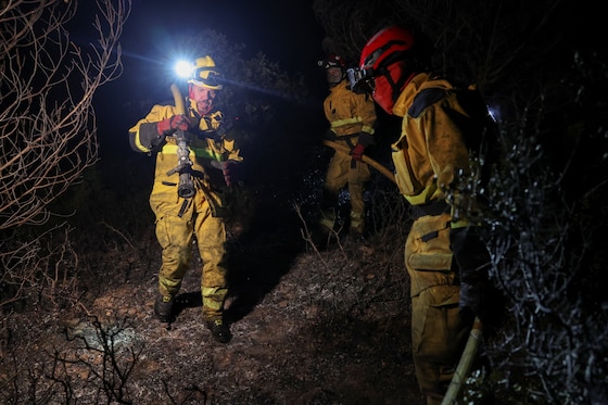 Des pompiers luttent contre un incendie de forêt pendant la nuit à Pouzols-Minervois, près de Narbonne.