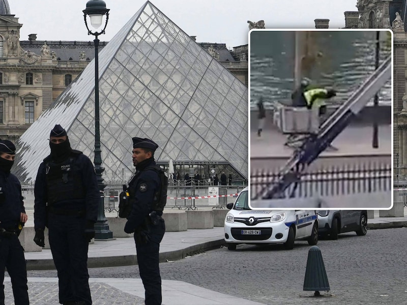 Het Louvre museum in Parijs. Inzet: Op de indrukwekkende beelden was te zien hoe de dieven het Louvre betraden met behulp van een verhuislift. 