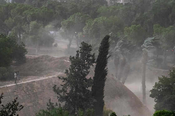 Mannen in een park in Nicosia zaterdag, terwijl de wind begint aan te wakkeren.