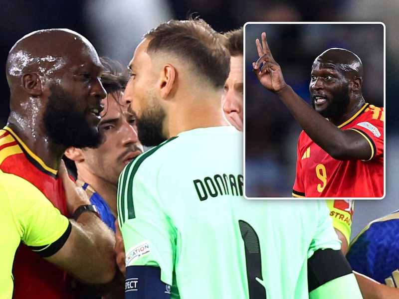 KIJK. Twee vingers de lucht in en quasi neus aan neus: Romelu Lukaku gaat in slot in de clinch met Gianluigi Donnarumma
