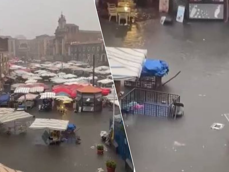 KIJK. Winkelstraat in Sicilië verandert in kolkende modderstroom door hevige regenval en vulkanisch as van de Etna