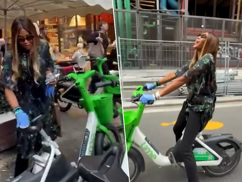 KIJK. Topmodel Naomi Campbell poetst deelfiets voordat ze ermee vertrekt: “Ik weet niet eens of ik nog kan fietsen”