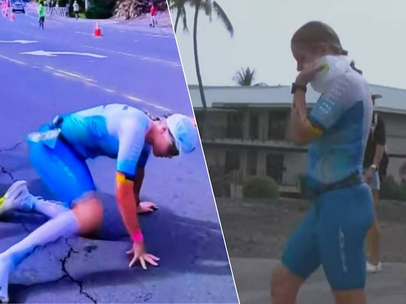 KIJK. Dramatische finish op Ironman in Hawaï: triatlete stort compleet in tijdens allerlaatste kilometer en ziet overwinning in rook opgaan
