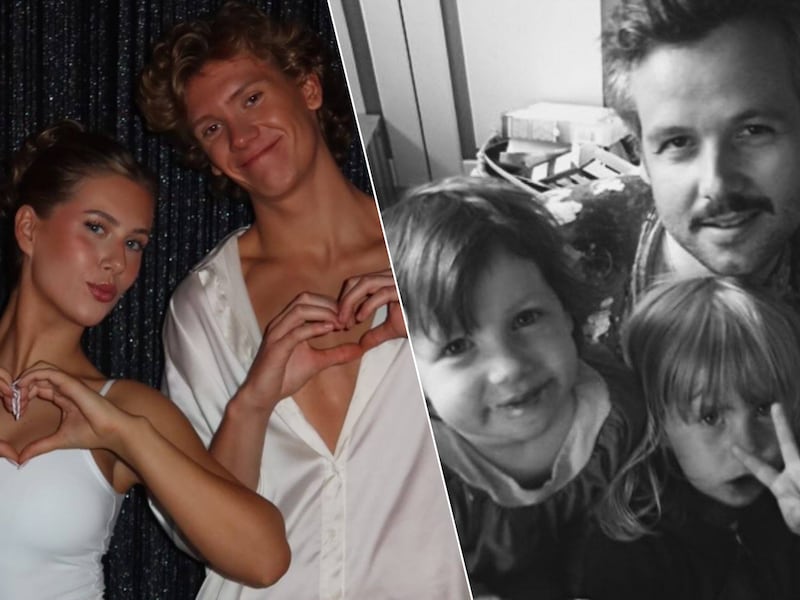 Leah Behn met haar danspartner in de Noorse versie met ‘Dancing with the stars’. Rechts: als kind met haar vader Ari Behn en zus.
