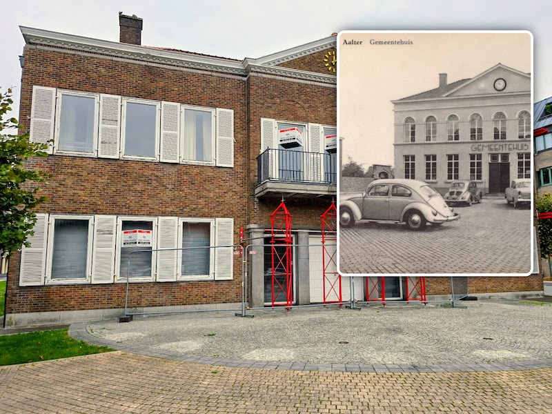 Het oude gemeentehuis op de Boomgaard in Aalter staat te koop., Inzet: Het gemeentehuis halfweg de vorige eeuw.