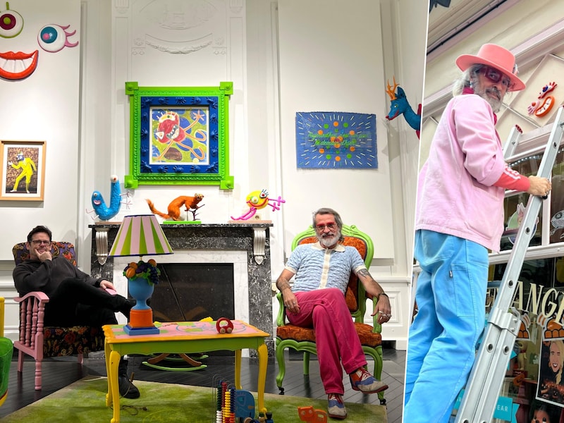 Artistiek directeur Kristof Vander Cruyssen van DeNode Foundation en Franse kunstenaar Monsieur Térez. Monsieur Térez bij een van de dertig ‘happy faces’ in de Gentse binnenstad.