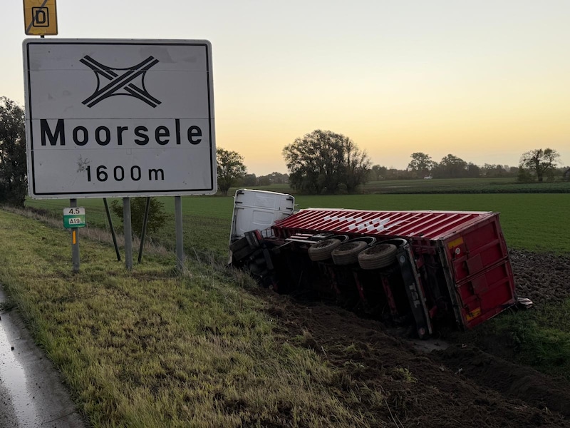 Vrachtwagen met lading bieten kantelt in weiland naast A19 in Moorsele: trucker viel wellicht in slaap
