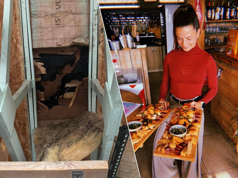 “Een dag later en het zat hier vol voor ons halloweenfeest”: Floor (24) ontsnapt aan ramp nadat storm Austen tak door haar surfbar boort