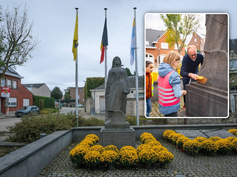 Minister Weyts en vrijwilligers poetsen oorlogsmonument ‘Het zinnebeeld van Nossegem’ op
