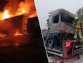 Beelden tonen brandende vrachtwagen op E40 in Nevele, snelweg richting Gent volledig versperd: “Hinder zal nog uren aanslepen”