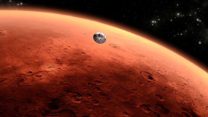 Een artist's impression hoe het Mars Science Laboratory de planeet Mars nadert.