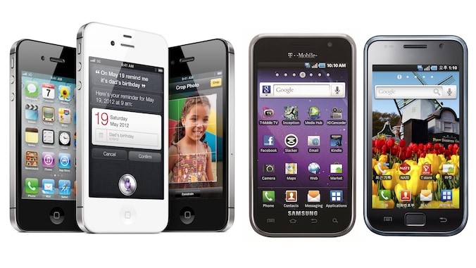 Links drie iPhones, rechts twee toestellen van Samsung.