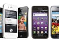 Links drie iPhones, rechts twee toestellen van Samsung.