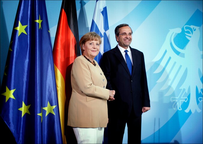 Duits bondskanselier Angela Merkel en de Griekse premier Antonis Samaras toen die laatste vorige maand in Berlijn ging onderhandelen over de voorwaarden van de Europese noodhulp.