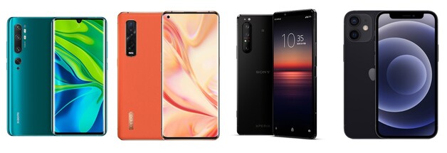 Van l naar r: Xiaomi Mi Note 10, Oppo Find X2 Pro, Sony Xperia 1 II en iPhone 12 Mini