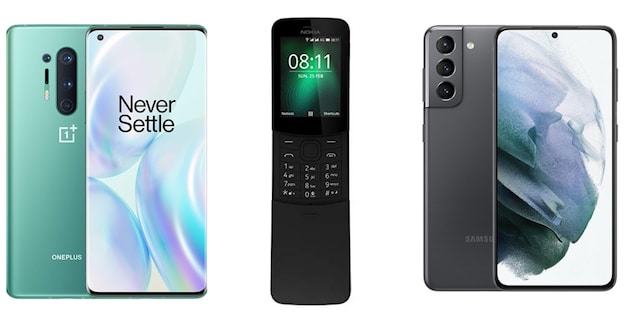 Van l naar r: OnePlus 8 Pro, Nokia 8110 en Samsung Galaxy S21