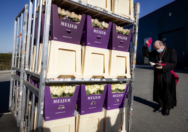 Archiefbeeld. De Rotterdamse bisschop Hans van den Hende zegent een lading bloemen, voordat deze op transport gaat naar Vaticaanstad. Wanneer paus Franciscus op paaszondag de traditionele zegen Urbi et Orbi uitspreekt, zal hij omringd zijn door deze bloemen.