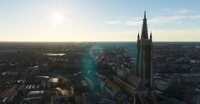 De Onze-Lieve-Vrouwekathedraal in Brugge, een van de tientallen monumenten die Microsoft bijplantte in het wereldmodel van zijn 'Flight Simulator'.