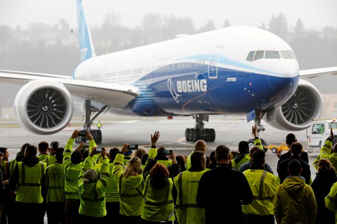 Een Boeing 777X na een testvlucht in januari in Seattle, Washington.