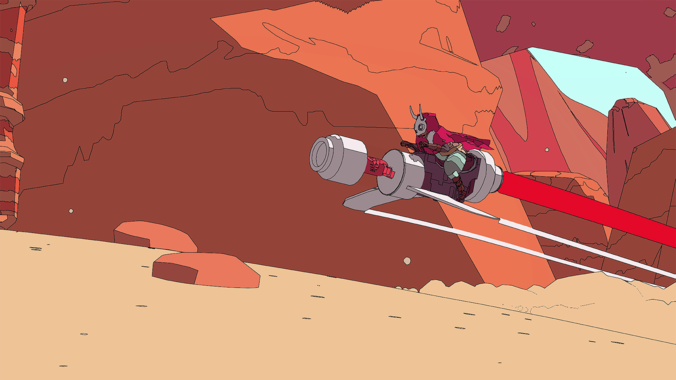 Op haar hoverbike doorklieft Sable het zanderige landschap.