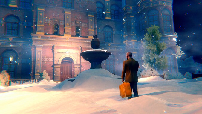Een jonge Hercule Poirot voor de deur van het ondergesneeuwde Van den Bosch-landhuis. Hier zou het dan zijn begonnen voor de Brusselse detective, zegt deze game.