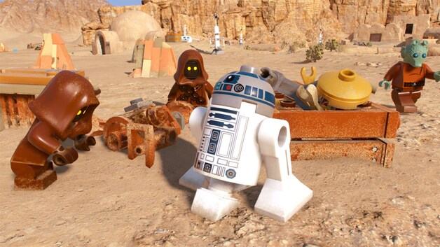 R2-D2 en een stel Jawa's in een 'hub'-level.