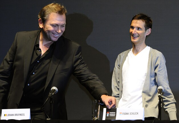 Bruyneel en Fränk op de ploegvoorstelling, toen alles nog koek en ei was.