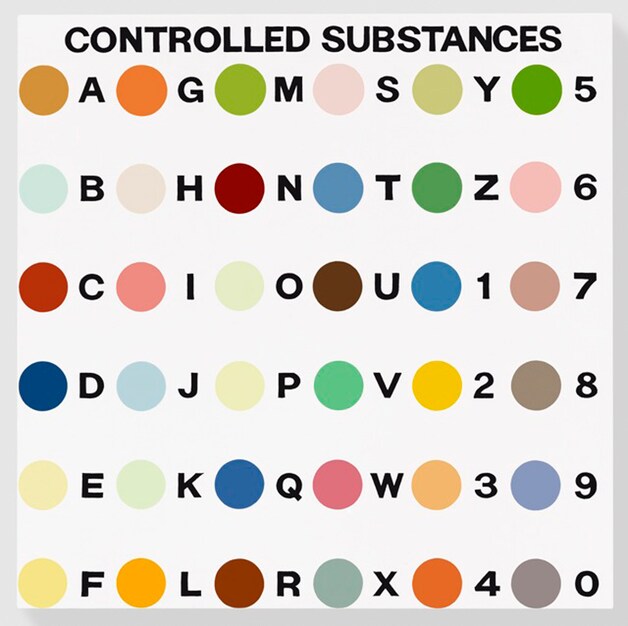 Schilderij van Damien Hirst met dezelfde gekleurde bollen als op de rugzak.