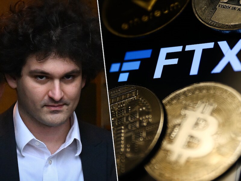 Links: FTX-oprichter Sam Bankman-Fried. Rechts: het logo van de cryptobeurs, ter illustratie.
