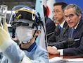 Fotomontage. Links een medewerker die een meting uitvoert op een monster van verontreinigd water in de kerncentrale Fukushima, rechts IAEA-topman Rafael Grossi.