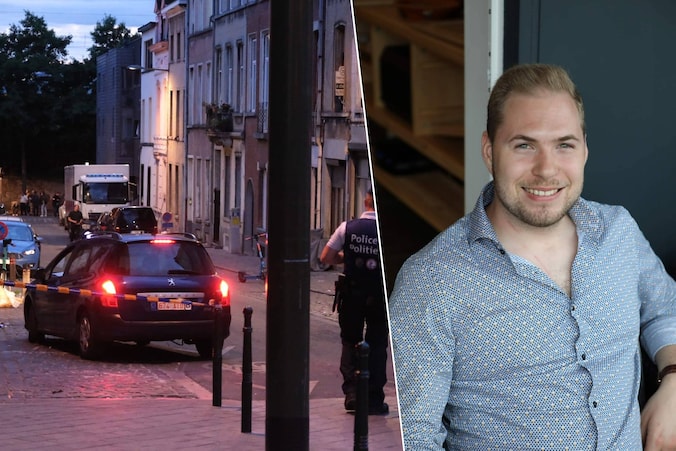 Thomas Monjoie (29) (rechts) werd doodgestoken toen hij met zijn dienstvoertuig voor een rood licht stond in de Aarschotstraat in Schaarbeek (links).