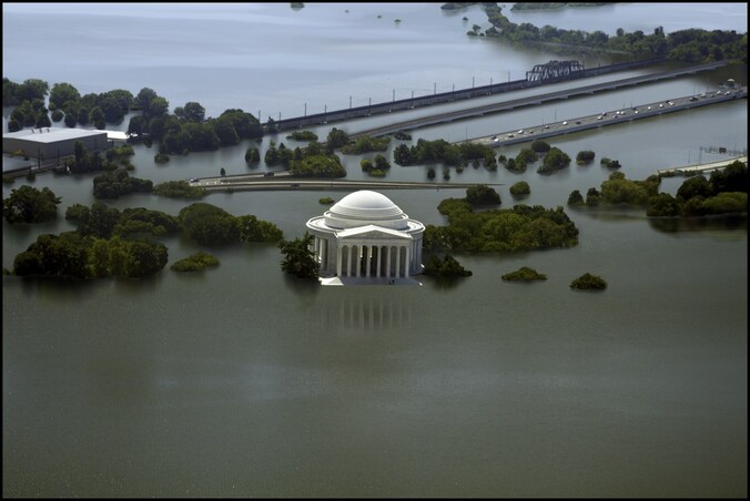 Een illustratiebeeld van hoe de stijging van het oceaanwater het Jefferson Memorial in Washington onder water zou zetten.