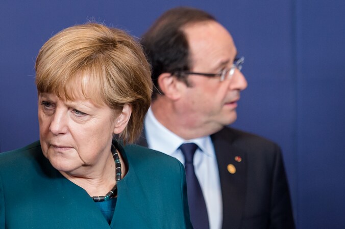 Krijgen Merkel (L) en Hollande (R) de neuzen vandaag wel in dezelfde richting?