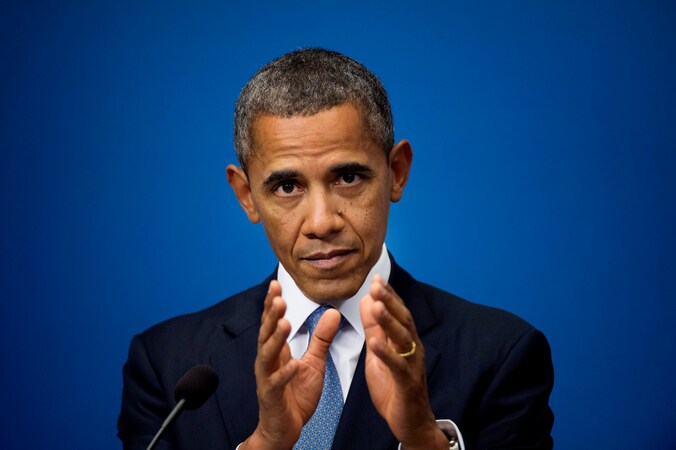 Obama tijdens zijn persconferentie in Stockholm gisteren.
