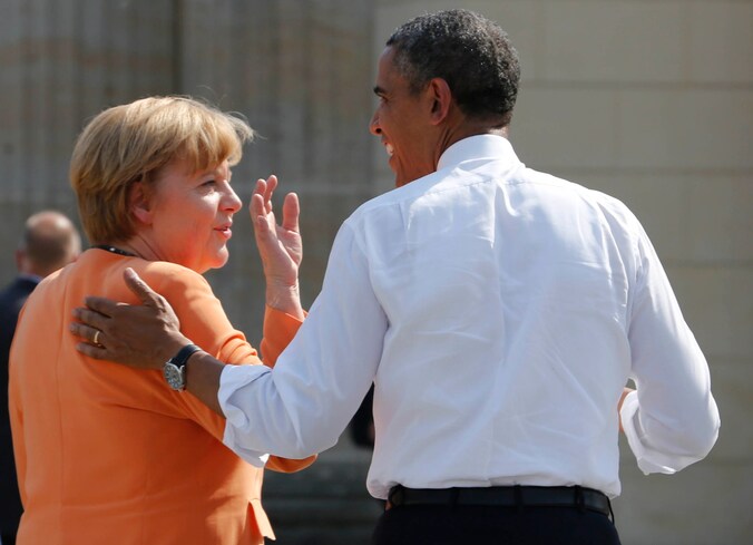De Amerikaanse president Barack Obama en de Duitse Bondskanselier Angela Merkel afgelopen juni in Berlijn.