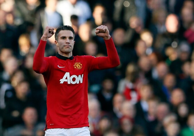 Robin van Persie na een doelpunt voor United.