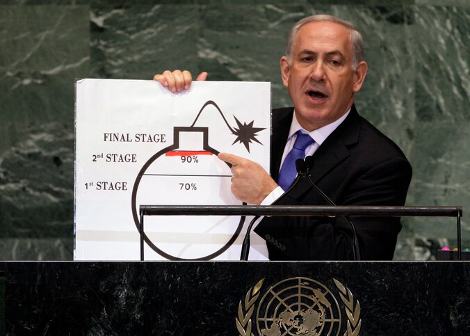 Onlangs toonde de Israëlische premier Netanyahu nog zijn grafische voorstelling van het Iraanse kernprogramma aan de Algemene Vergadering van de Verenigde Naties.