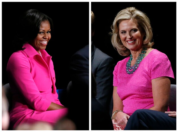 Toeval? Michelle Obama en Ann Romney waren beide in het roze gekleed.
