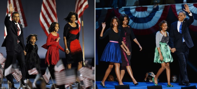 Ook toen en nu: de Obama's. Met (op de linkse foto) papa Barack, dochtertjes Sasha en Malia, en mama Michelle.