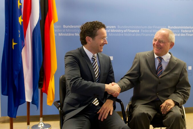 De Duitse minister van Financiën Wolfgang Schäuble met zijn Nederlandse collega Jeroen Dijsselbloem.