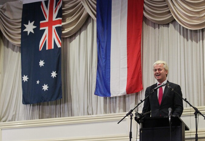 Geert Wilders tijdens zijn toespraak in Somerton, een voorstad van Melbourne.