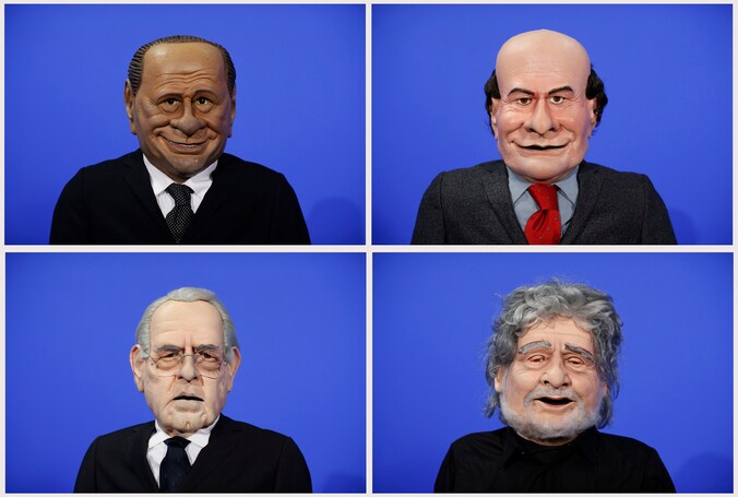 Volgens de wijzers van de klok: Berlusconi, Bersani, Grillo en Monti