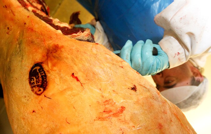 Een slager bewerkt een stuk paardenvlees in een slachthuis in Charleroi.